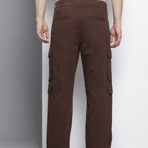 Men's Brown Relaxed Fit Solid Cargos