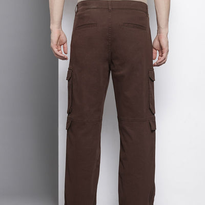 Men's Brown Relaxed Fit Solid Cargos