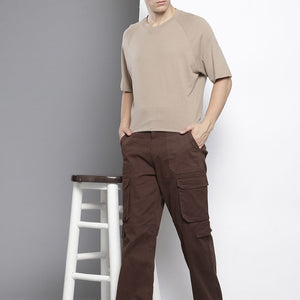 Men's Brown Relaxed Fit Solid Cargos
