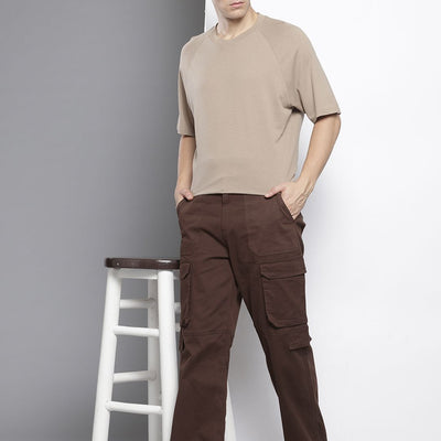 Men's Brown Relaxed Fit Solid Cargos