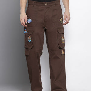 Men's Brown Relaxed Fit Solid Cargos