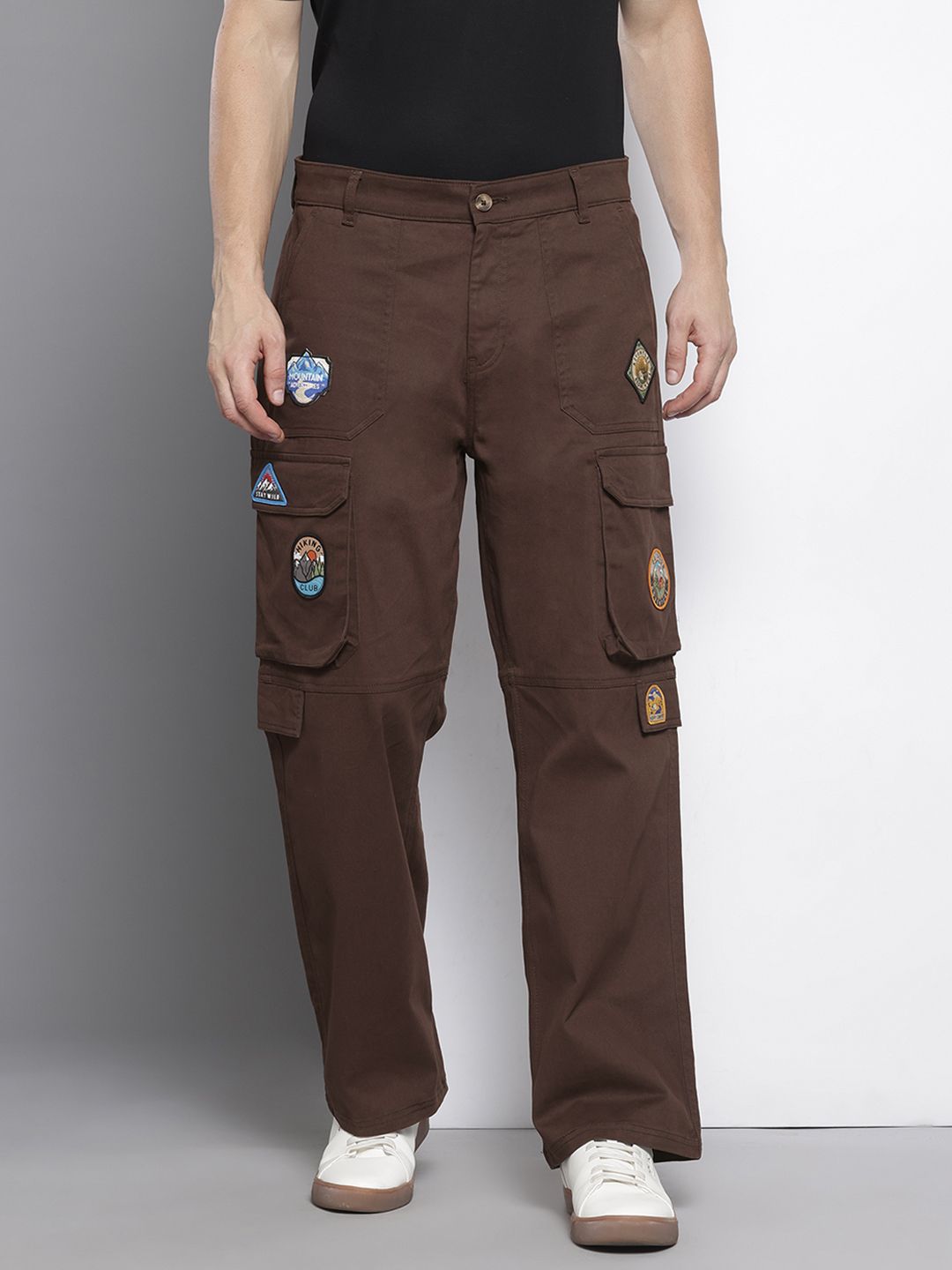 Men's Brown Relaxed Fit Solid Cargos