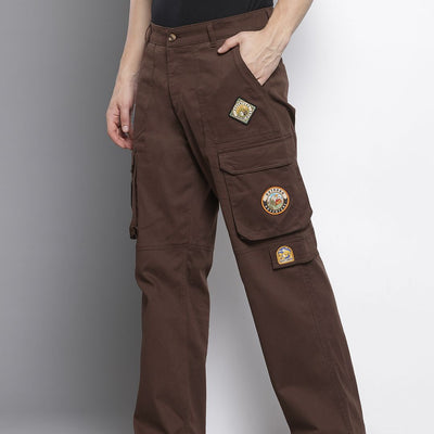 Men's Brown Relaxed Fit Solid Cargos