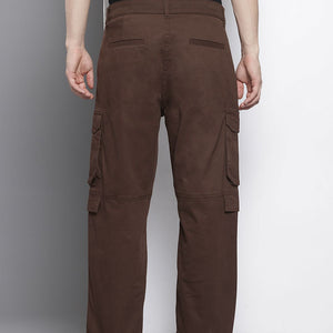 Men's Brown Relaxed Fit Solid Cargos