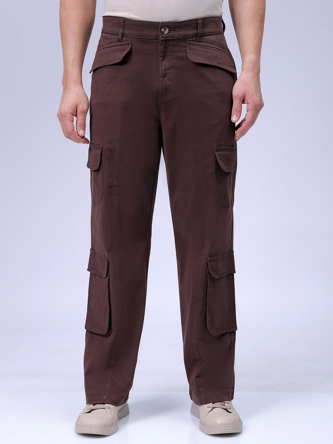 Men's Brown Relaxed Fit Solid Cargo