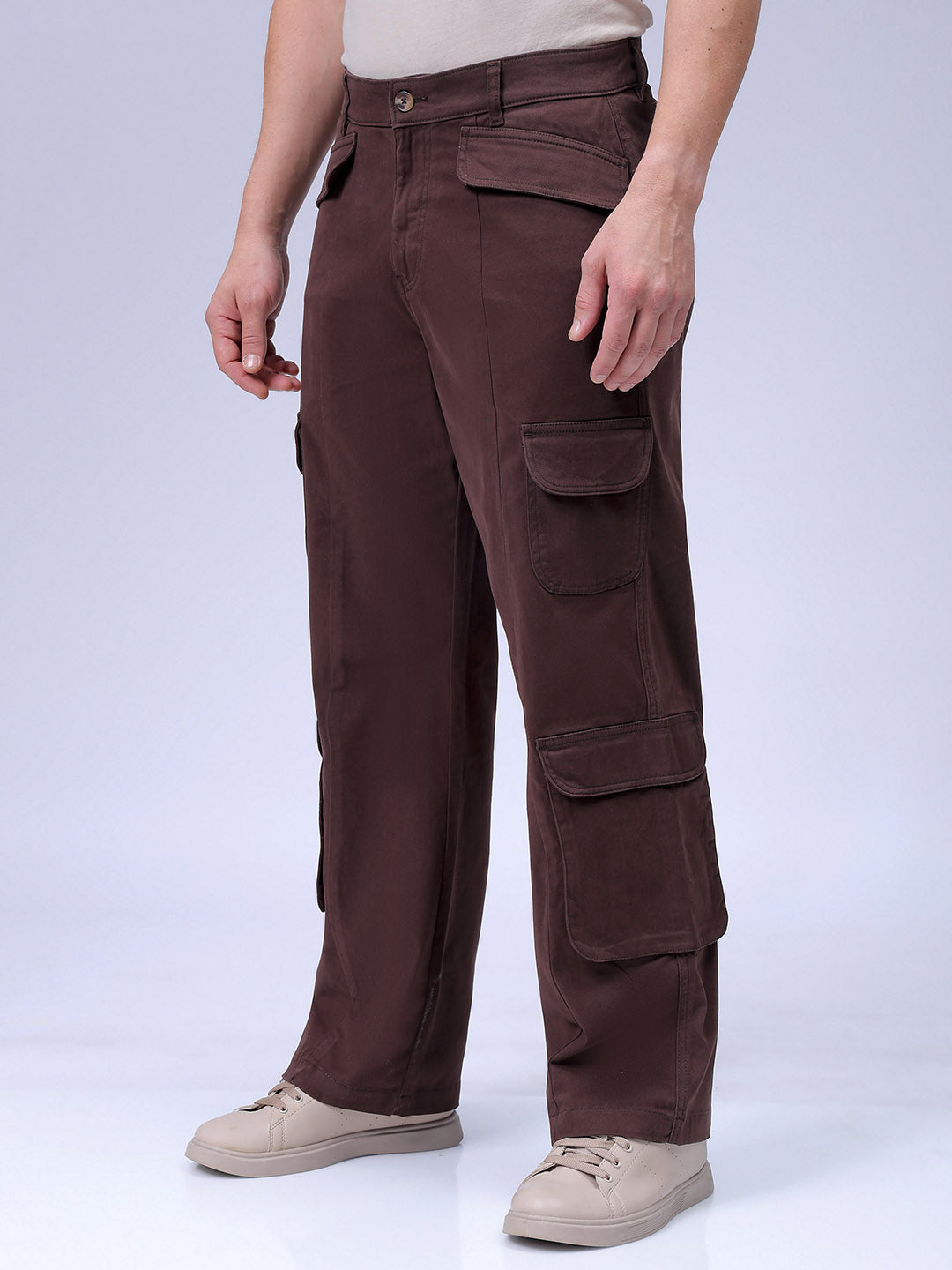 Men's Brown Relaxed Fit Solid Cargo