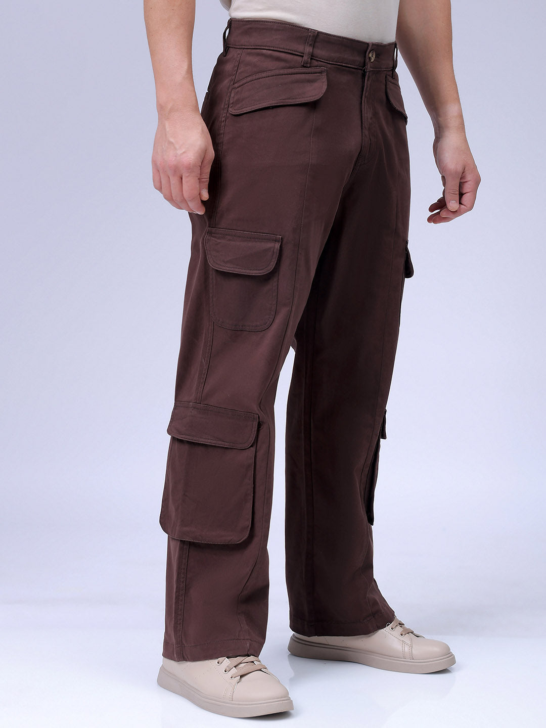 Men's Brown Relaxed Fit Solid Cargo