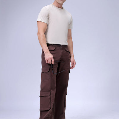 Men's Brown Relaxed Fit Solid Cargo