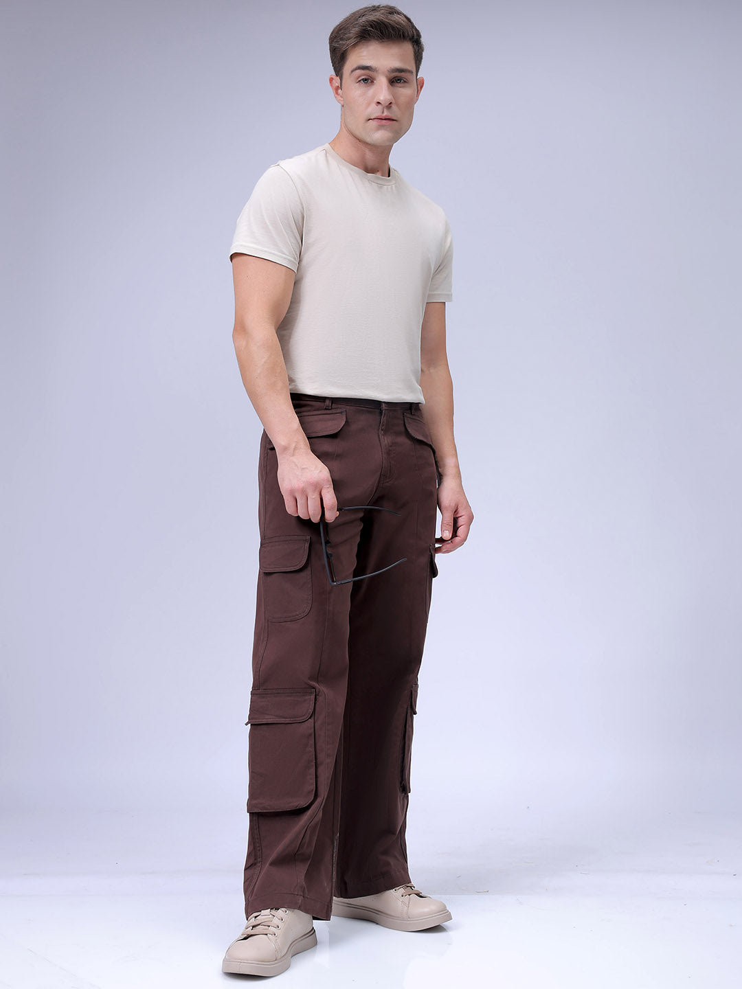 Men's Brown Relaxed Fit Solid Cargo