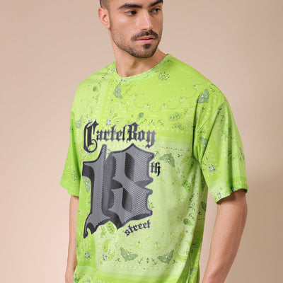 Men's Green Oversized Paisley Printed T-Shirt