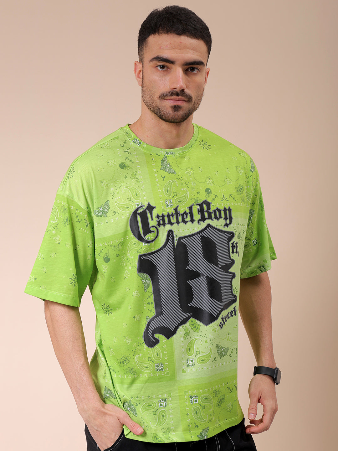 Men's Green Oversized Paisley Printed T-Shirt