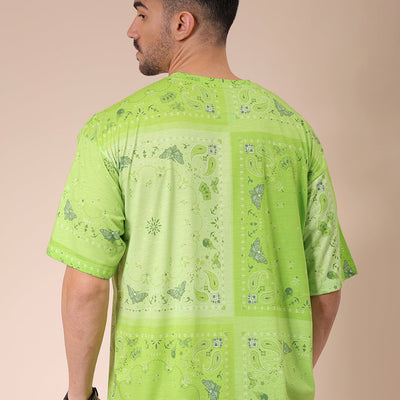Men's Green Oversized Paisley Printed T-Shirt