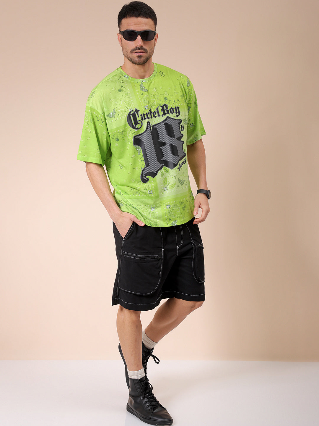 Men's Green Oversized Paisley Printed T-Shirt