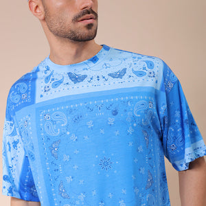 Men's Blue Oversized Paisley Printed T-Shirt