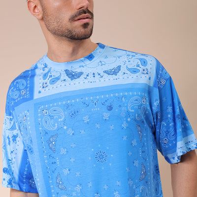 Men's Blue Oversized Paisley Printed T-Shirt