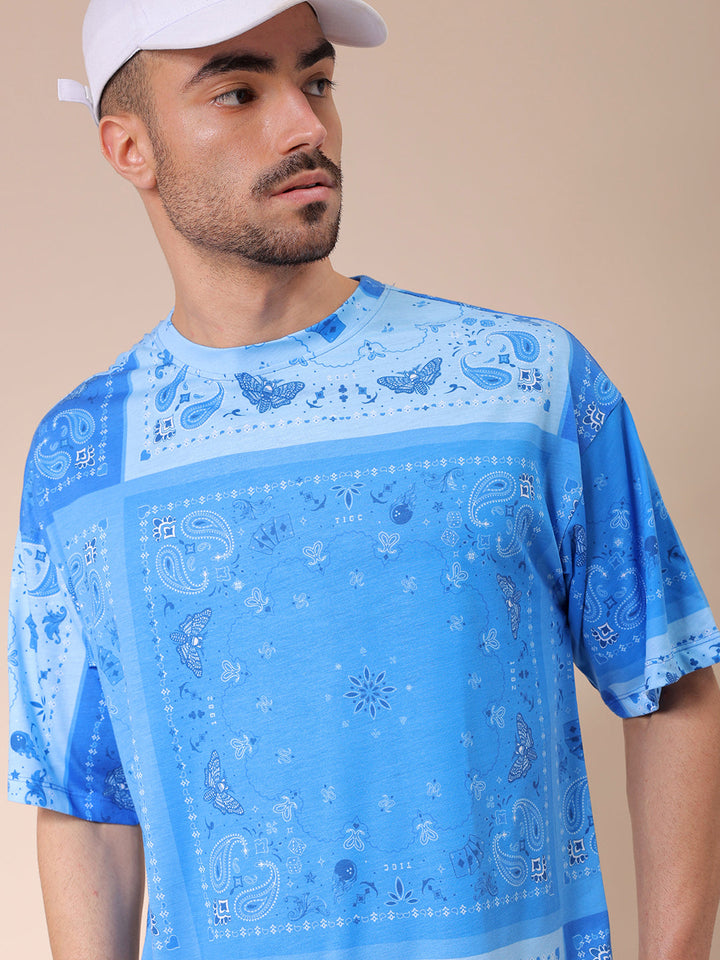 Men's Blue Oversized Paisley Printed T-Shirt