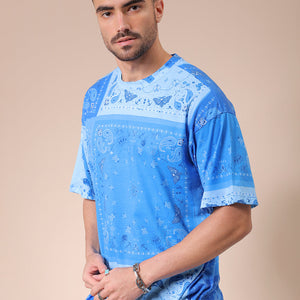 Men's Blue Oversized Paisley Printed T-Shirt