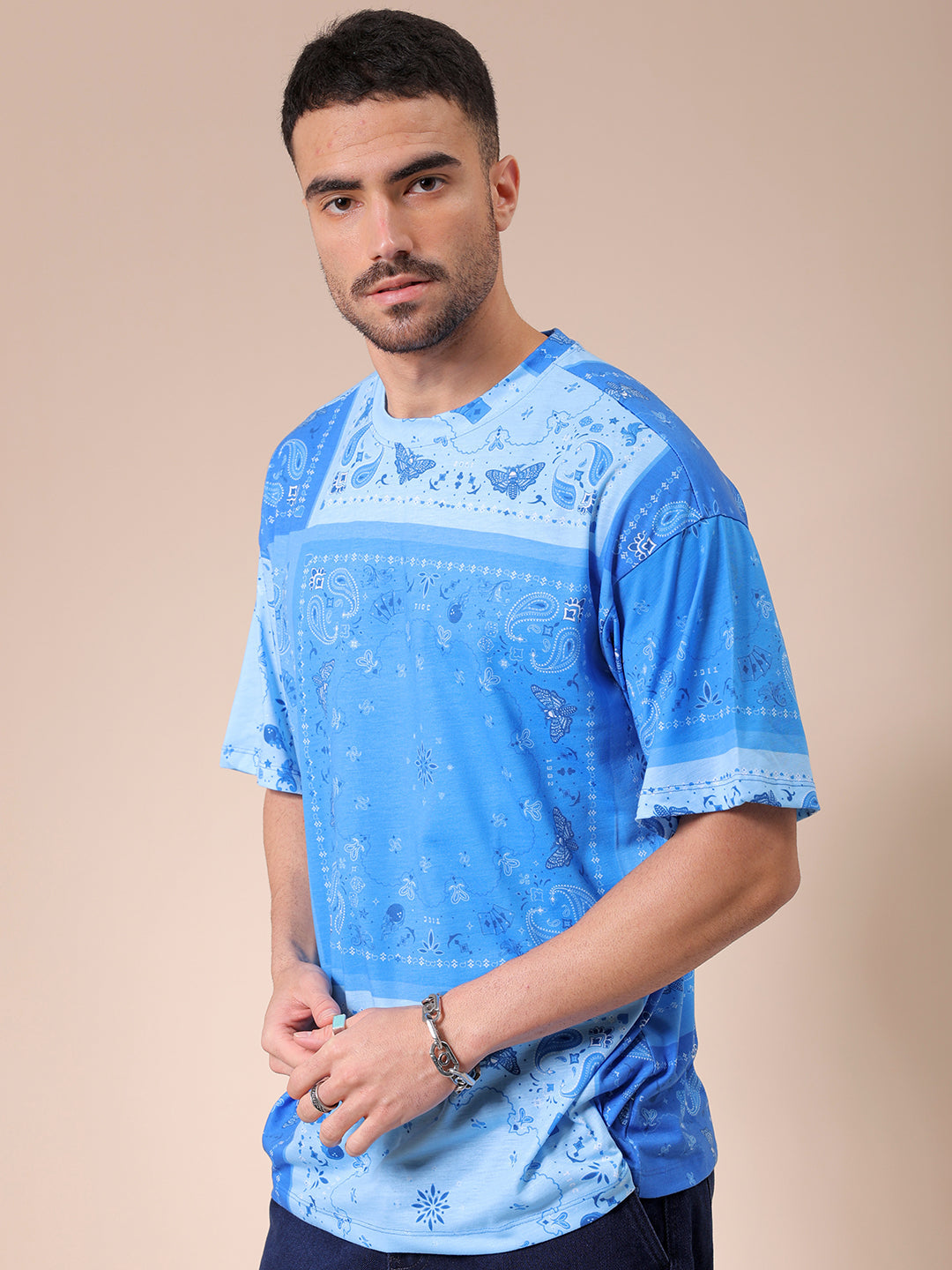 Men's Blue Oversized Paisley Printed T-Shirt