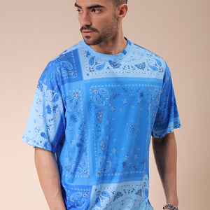 Men's Blue Oversized Paisley Printed T-Shirt
