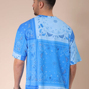Men's Blue Oversized Paisley Printed T-Shirt
