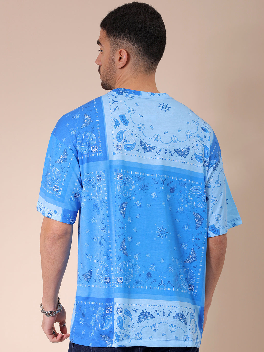 Men's Blue Oversized Paisley Printed T-Shirt