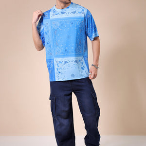 Men's Blue Oversized Paisley Printed T-Shirt