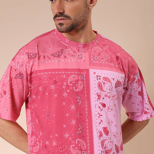 Men's Pink Oversized Paisley Printed T-Shirt