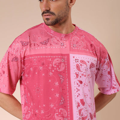 Men's Pink Oversized Paisley Printed T-Shirt