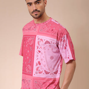 Men's Pink Oversized Paisley Printed T-Shirt