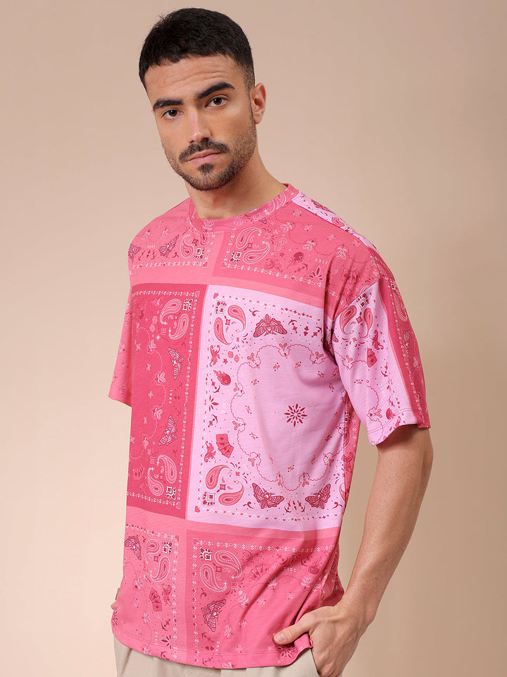 Men's Pink Oversized Paisley Printed T-Shirt