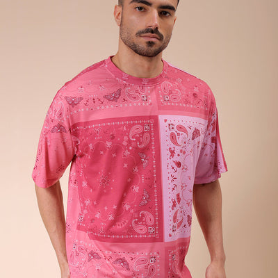 Men's Pink Oversized Paisley Printed T-Shirt