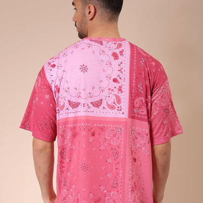 Men's Pink Oversized Paisley Printed T-Shirt