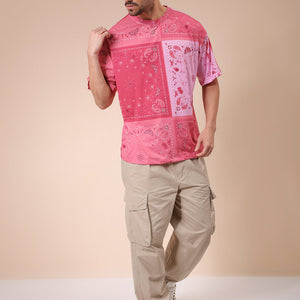 Men's Pink Oversized Paisley Printed T-Shirt