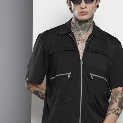 Men's Black Boxy Solid Street Wear Shirt