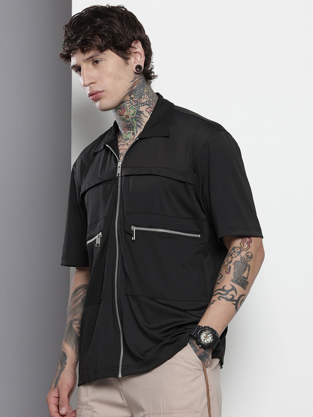 Men's Black Boxy Solid Street Wear Shirt