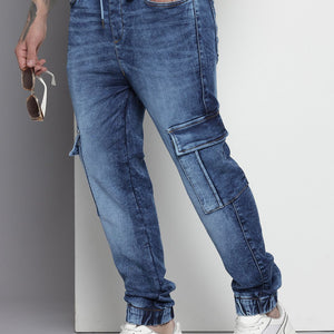 Men's Blue Regular Fit Solid Stretchable Denim Cargo Joggers