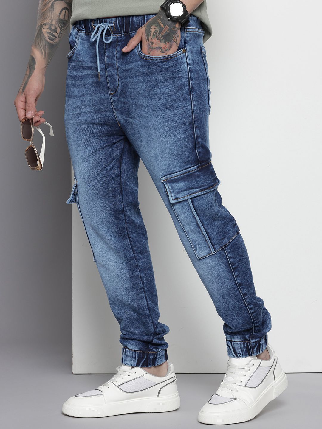 Men's Blue Regular Fit Solid Stretchable Denim Cargo Joggers