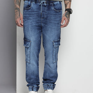 Men's Blue Regular Fit Solid Stretchable Denim Cargo Joggers