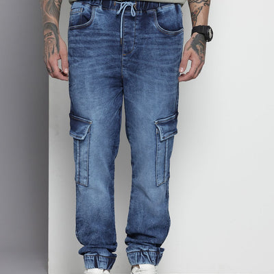 Men's Blue Regular Fit Solid Stretchable Denim Cargo Joggers