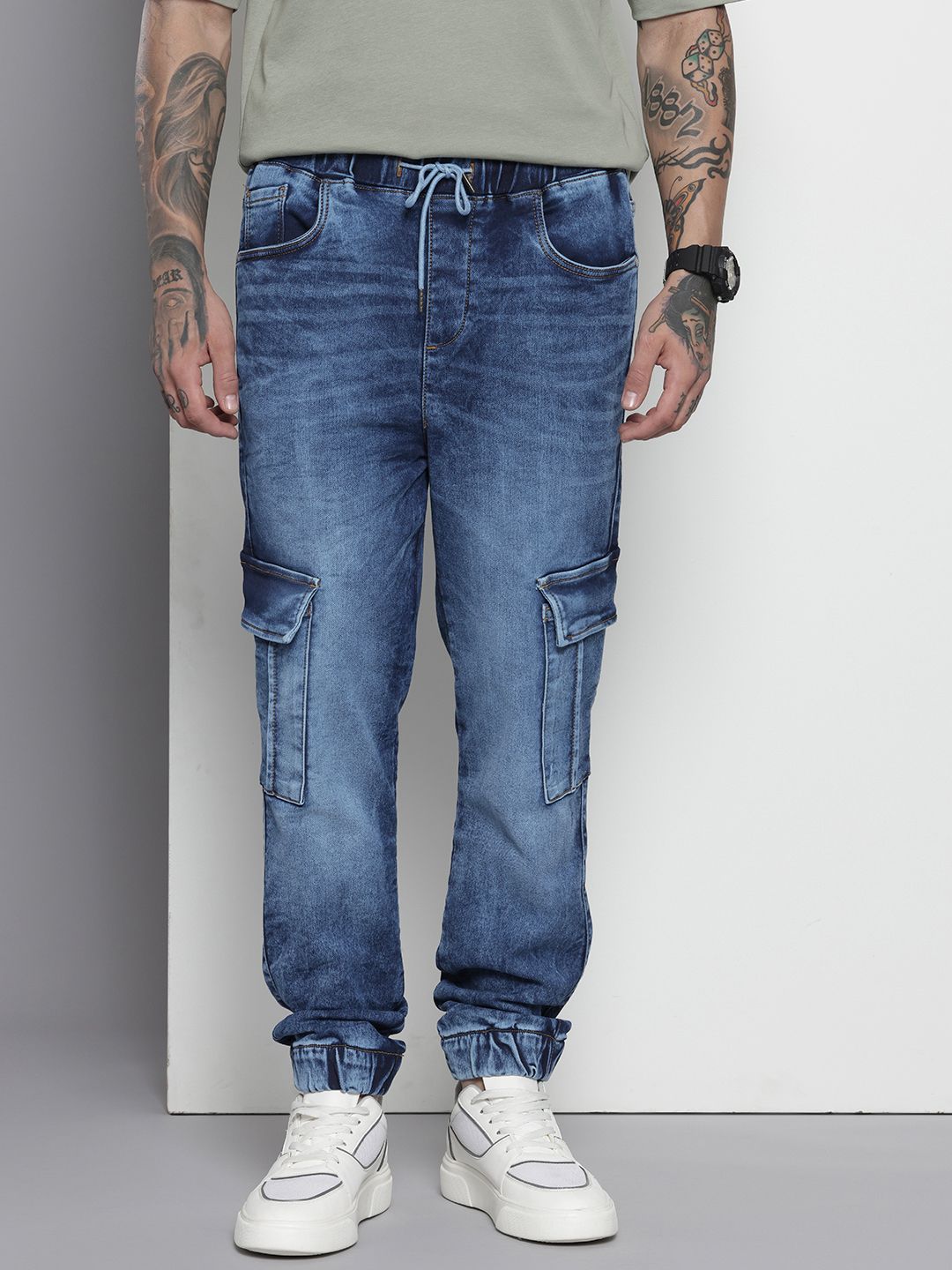 Men's Blue Regular Fit Solid Stretchable Denim Cargo Joggers