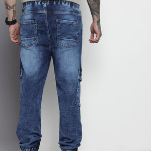 Men's Blue Regular Fit Solid Stretchable Denim Cargo Joggers