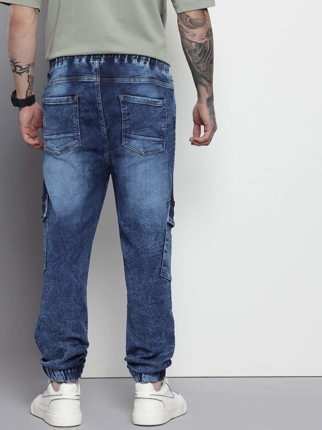 Men's Blue Regular Fit Solid Stretchable Denim Cargo Joggers