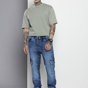 Men's Blue Regular Fit Solid Stretchable Denim Cargo Joggers