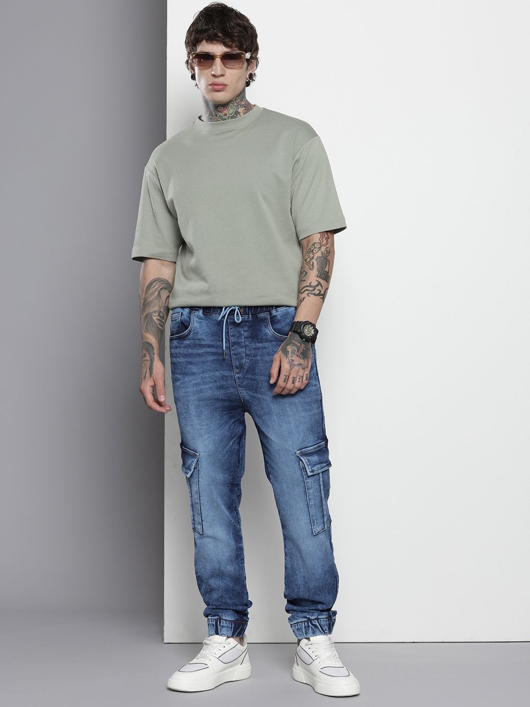 Men's Blue Regular Fit Solid Stretchable Denim Cargo Joggers