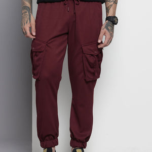 Men's Maroon Relaxed Fit Textured Cargo Joggers