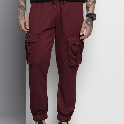 Men's Maroon Relaxed Fit Textured Cargo Joggers