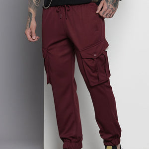 Men's Maroon Relaxed Fit Textured Cargo Joggers
