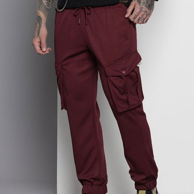 Men's Maroon Relaxed Fit Textured Cargo Joggers