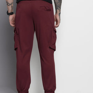 Men's Maroon Relaxed Fit Textured Cargo Joggers