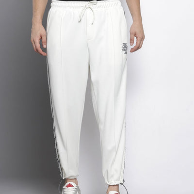 Men's White Relaxed Fit Printed Wide Leg Joggers